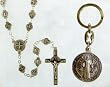 St. Benedict Rosary - 4mm Metal Beads and Key Chain Set - 22in. Silver Chain - Solid Construction - IMPORTED FROM ITALY