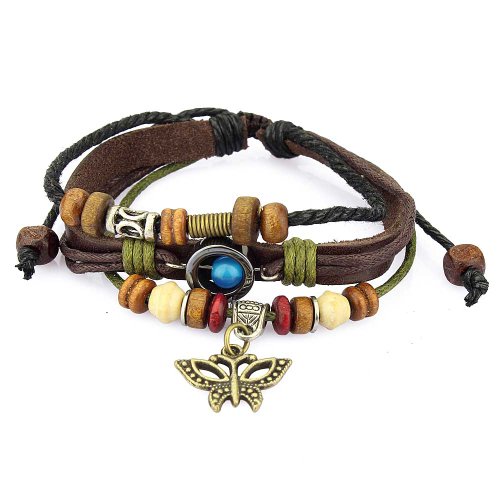 Women's Unisex Adjustable Wristband Multiple Strands Brown Leather Bracelet Gold Tone Butterfly Charm