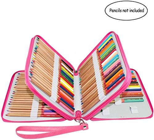 SymPro 120 Slots Pencil Case,PU Leather Multi-layer Large Pencil Holder with Handle Strap (Rose)