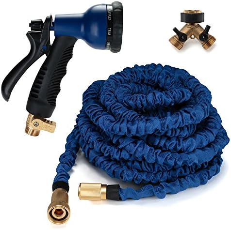 Expandable 75ft Garden Hose w/ 2 Way Brass Connector Splitter &amp; Spray Nozzle - Strongest Expanding Hose Set for All Your Watering Needs