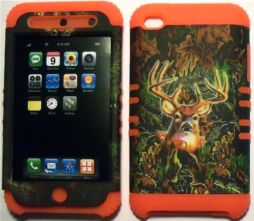 Camo Deer on Orange Silicone for Apple ipod Touch iTouch 4G 4 Hybrid 2 in 1 Rubber Cover Case