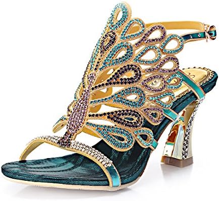 Geminigirl Women's Peacock Patterned Rhinestone Sandals with Chunky Heels Blue 8 M US