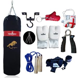 Canvas Punch Bags Set 4 Feet With Free Chrome Plated Chain, Bag Mitts, Heavy Dute Metal Ceiling Hook, Nylon Skipping Rope Blue, Boxing Glove UK Flagged Miniature And Novelty, Boxing Gloves Key Chain Red And Black Hand Wraps