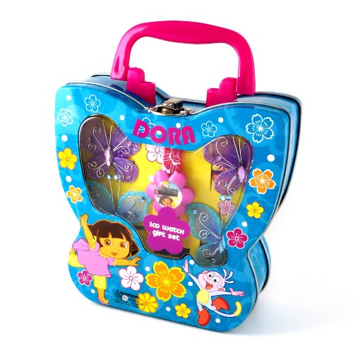 Dora the Explorer Kids' Purple Flower Case Digital Watch Tin Gift Set #DTE1052T