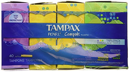 Tampax Pearl Compak plastic, Triplepack with Light/Regular/Super Absorbencies, Unscented Tampons, 40 Count