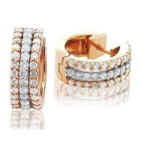14k Two Tone Gold - White and Rose Pink Hoop Huggies Diamond Earrings 0.90 carat by 