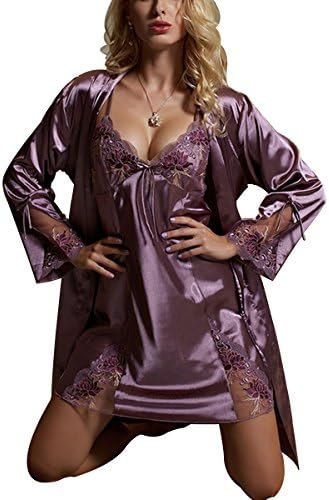 Keepinmind Women's Embroidered Lace Long Sleeve Silk Babydoll Set Purple L