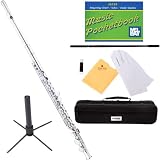 Mendini MFE-N+SD+PB Nickel Plated Closed Hole C Flute with 1 Year Warranty, Case, Stand, Cleaning Rod and Cloth, Joint Grease, and Gloves