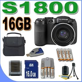 Fujifilm FinePix S1800 12 MP Digital Camera w/ 18x Wide Angle Dual IS Optical Zoom BigVALUEInc Accessory Saver 16GB NiMH Battery/Charger Bundle