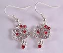 Kitty cat drop earrings red and clear diamante design