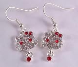 Image of Kitty cat drop earrings red and clear diamante design