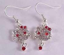 Kitty cat drop earrings red and clear diamante design