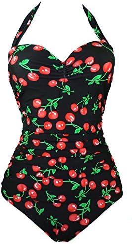 Cocoship 50s Retro Vintage Floral Print White Polka One Piece Swimwear Monokinis(FBA) BlackCherry(Fast Ship) XXXXL(US14-16)