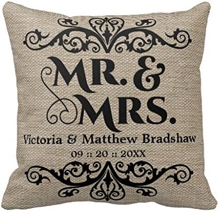 Cukudy Rustic Burlap Look Mr. and Mrs. Wedding Square Throw Pillow Case 18 Inches