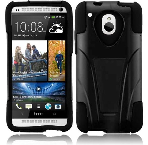 HTC One Mini ( AT&T , T-Mobile ) Phone Case Accessory Charming Black Dual Protection Impact Hybrid Cover with Stand comes with Free Gift Aplus Pouch