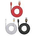 3PK 6ft Durable Hi-Speed Braided Flat Noodle Lightning USB SYNC Cable Charger Cord for iPhone 6 / iPhone 6 Plus / iPhone 5 / iPhone 5C / iPhone 5S (Latest IOS Supported) iPad 4 / iPad Mini / iPad Air / iPad Air 2 / iPod Touch 5th Gen / iPod Nano 7th Gen. - (red-white-black)