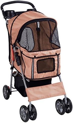Pet Strollers Cat Dog 4 Wheels Stroller Travel Folding Easy Walk Carrier (Brown)