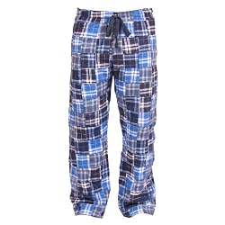 Blue Flannel Patchwork Madras Check Fun Print Novelty tie cord flannel cotton pants for lounging, sleep, sports. Unisex relaxed fit,
