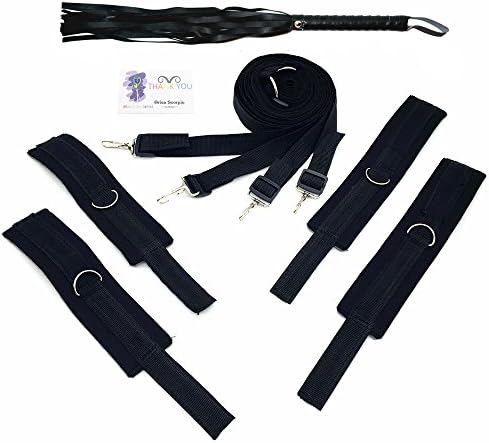 Bed Restraints From Blue Lolly, Bed Restraint System Including Hand Cuffs & Ankle Cuff, Free Faux-Leather Whip As Bonus
