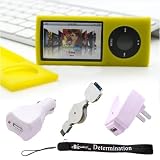 iPod Nano 5th generation 5G skin case cover compatible for iPod Nano 5th Gen 8GB, 16GB newest model (Yellow) + Includes 3 in 1 Durable Easy Travel Combo = Wall and Home Charger + Retractable USB Cable + a 4-inch eBigvalue TM Determination Hand Strap