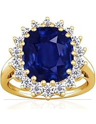 14K Yellow Gold Cushion Cut Blue Sapphire Ring With Sidestones