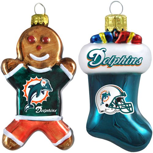 NFL Miami Dolphins Blown Glass Gingerbread Man & Stocking Ornament 2-Pack