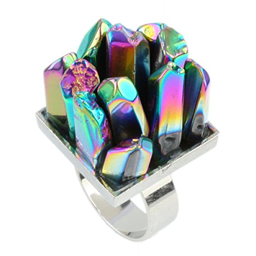 SUNYIK Titanium Coated Quartz Crystal Cluster Gemstone Adjustable Finger Ring(Rainbow Flame Aura Quartz)