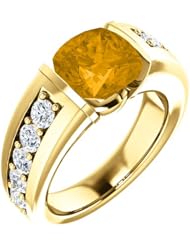 14K Yellow Gold 8.00x8.00mm Antique Cushion Cut Citrine and Diamond Ring -- LIFETIME WARRANTY