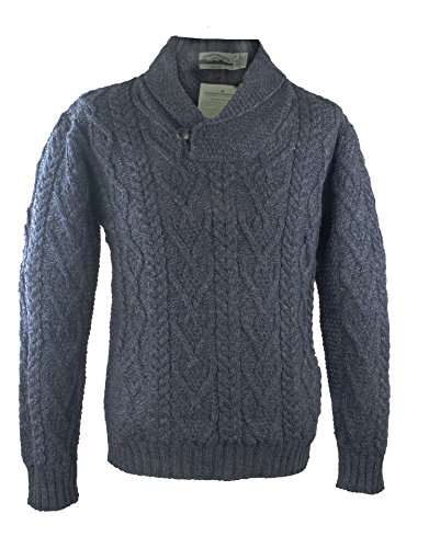 100% Irish Merino Wool Shawl Collar Aran Sweater, Cormorant, Large