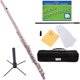 Mendini MFE-PK Key of C Pink Flute + Case, Stand, Cleaning Rod & Cloth, Joint Grease, & a Pair of Gloves