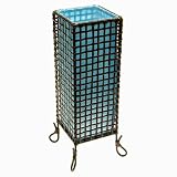 Handmade Natural Bamboo Desk / Table Lamp With Lattice Design And Teal Silk Liner
