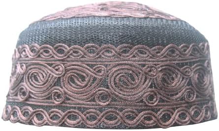 Beautiful Black Mesh Brown Macrame Design Muslim Islamic Kufi Hat Skull Cap 23-inch