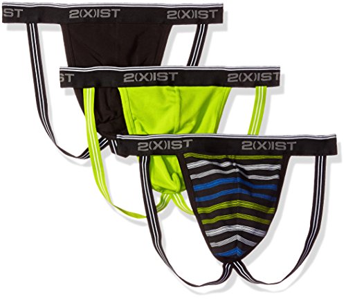 2(x)ist Men's 3-Pack Cotton Stretch Jock Strap, Multi Stripe/Black/Lime Green, Small