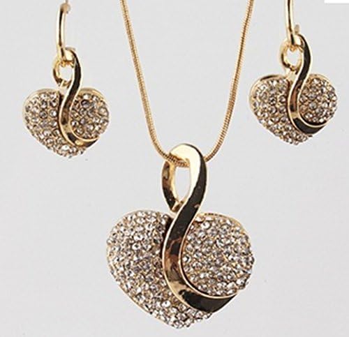 New 18k Yellow Gold Filled Heart Clear Austrian Crystal Necklace Earring Chain Jewelry Sets