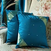 Turquoise Sari Cushion Covers / Saree Pillow covers 16 X 16 Inches