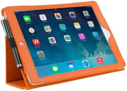Adento iPad Air Case Classic in Orange Premium PU Leather with elegant stiching, Smart Cover, Stand, elastic Hand Strap & Stylus Loop