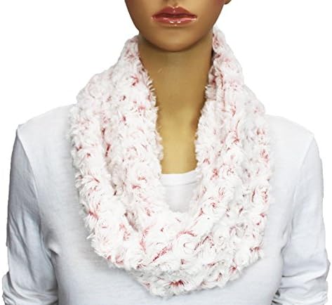 Womens Faux Fur Infinity Scarf Cozy Neck Wrap Scalloped Rose, Pink / White