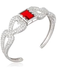 DOMO White Bronze Red Glass Clear Cubic Zirconia Cuff Bracelet, 7"