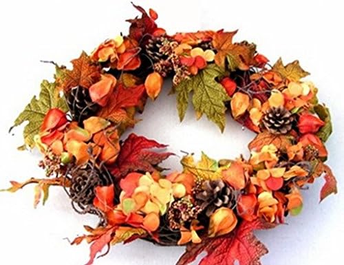 Orange Autumn Fall Door Faux Floral Wreath Garland with Oak Leafs, Cone and rattan