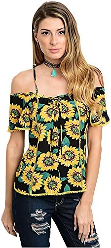 Mocha Women's Short Sleeve Open Shoulder Flower Print Top - Small