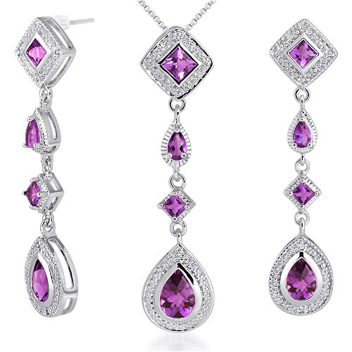 Childrens Toyshop  Jewelry : Unique Style 4.50 carats Princess Checkerboard Cut Amethyst Pendant Earrings Set in Sterling Silver