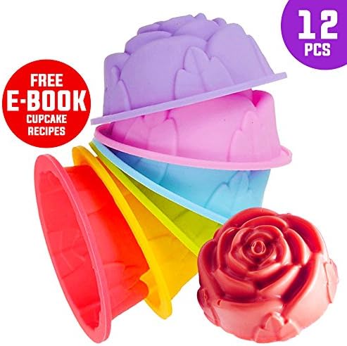 Pro Baking Cup Rose | 12pcs Premium Reusable Rose Baking Cup / Mold with Recipe e-Book, for Cake Chocolate Jelly, Nontoxic, Nonstick, Safe for Oven / Microwave / Dishwasher / Freezer, 6 Joyous Colors