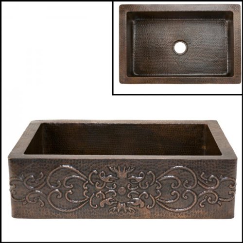 33 Copper Hammered Kitchen Apron Single Basin Sink - Scroll Design (Oil Rubbed Bronze) (9H x 22W x 33D)