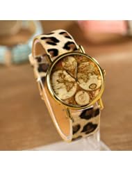 Fashion Round Globe Map Faux Leather WristWatch Women Men - Leopard