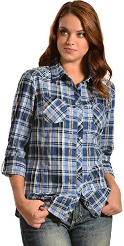 Red Ranch Women's Plaid Studded Two Pocket Shirt Blue Large