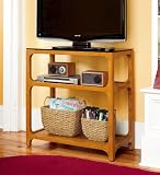 Solid Wood Media Console with Tempered Black Glass Top, in Oak