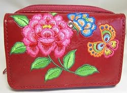 Rose Garden and Butterfly Embroider Small Wallet Red