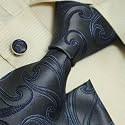 H5026 Designer Inspired Grey Paisleys 100% Jacquard Woven Silk Tie Hanky Mens Blue Pattern Necktie and Cuff Links Cufflinks and Handkerchiefs Set with Presentation Box