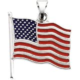 14K White Gold Enameled American Flag Pendant - 17.50x17.00mm