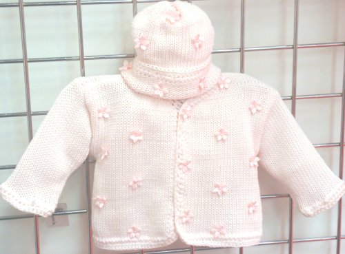 Click here to buy Hand Knitted Crochet Finished Baby Pink Cotton Cardigan Pant Hat Set Trimmed with Pink Pearl....